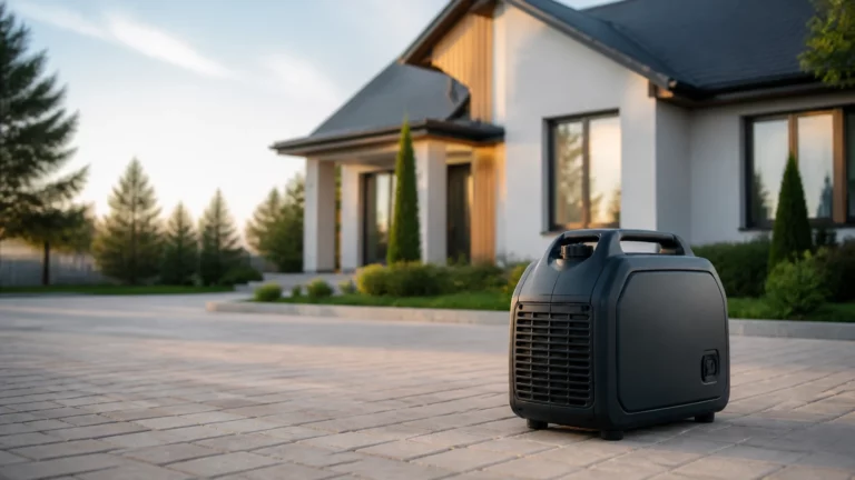 Компактный инверторный генератор на открытом воздухе рядом с частным домом